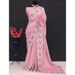 Pink Floral Embroidered Vichitra Silk Saree - Image 4