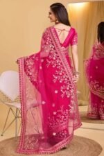 Rani Pink Soft Net Saree With Delicate Floral Embroidery & Shimmering Sequins Work - Image 4