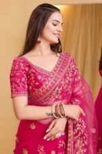 Rani Pink Soft Net Saree With Delicate Floral Embroidery & Shimmering Sequins Work - Image 5