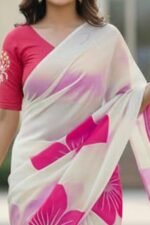 White & Pink Floral Foil Printed Organza Saree - Image 7