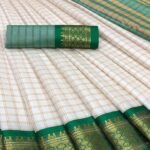 White & Royal Blue Checks With Woven Border Cotton Silk Saree - Image 5