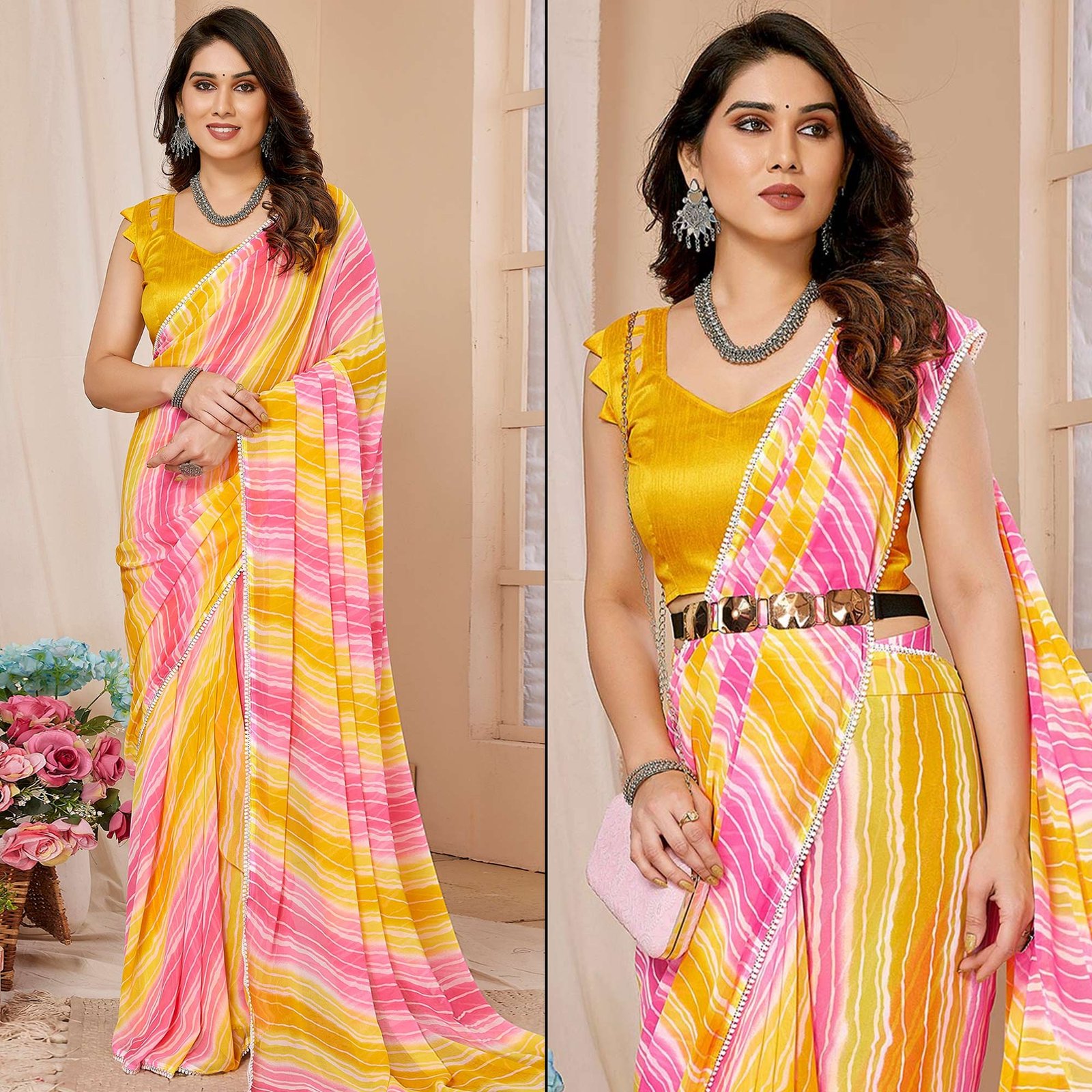 imgi_24_1_NTPR-RTW5-YELLOWPINK-PEACHMODE Yellow & Pink Printed Ready To Wear Georgette Saree - Image 1