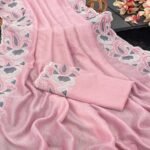 Pink Floral Embroidered Vichitra Silk Saree - Image 7