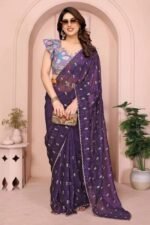 Rich Purple Silk Blend Saree with Intricate Floral Sequins Embroidery – A Glamorous Statement Piece