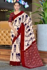 Cream & Maroon Abstract Printed Soft Pure Cotton Saree - Image 5