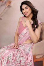 Peach Floral Printed Satin Saree - Image 2