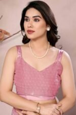 Peach Floral Printed Satin Saree - Image 3