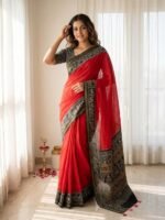 Elegant Red Mulmul Cotton Saree with Traditional Ikkat Print Border