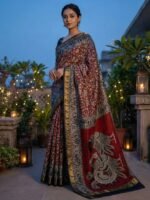 Elegant Red & Black Mulmul Cotton Saree with Kalamkari Peacock Motif Border