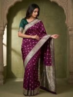 Elegant Magenta Satin Silk Zari Work Saree with Contrast Blouse