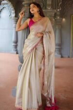 Pastel Grey Sequins Embroidered Jimmy Choo Tissue Saree With Tassels