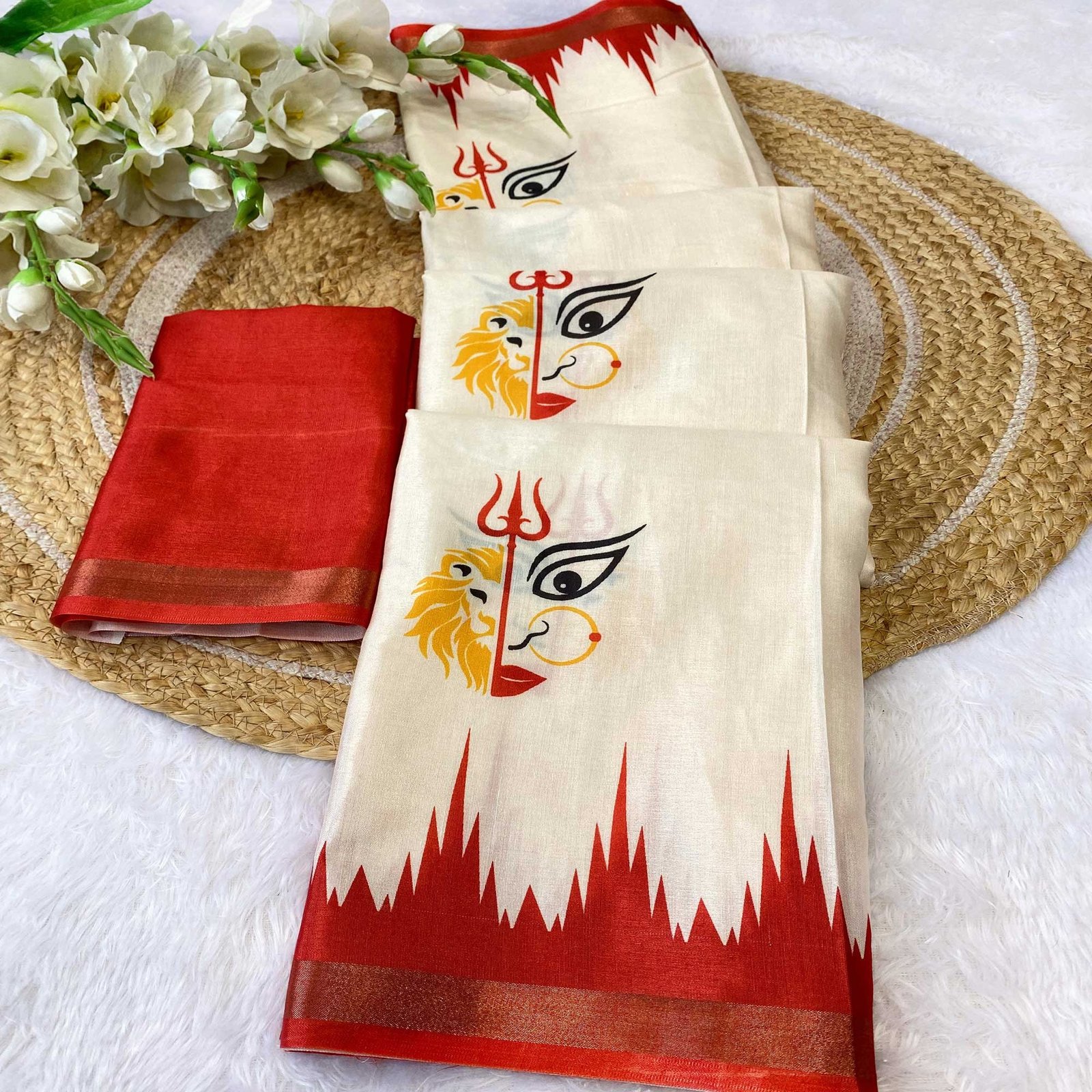imgi_5_1_PRYNX-DURGA-1003-PEACHMODE Exquisite Offwhite & Red Durga Maa Digital Printed Saree With Sacred Motifs & Contrast Border - Image 1