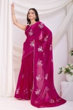Rani Pink Soft Net Saree With Delicate Floral Embroidery & Shimmering Sequins Work