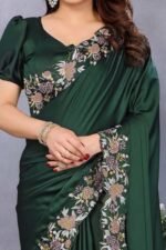 Bottle Green Satin Saree with Delicate Floral Embroidery and Intricate Resham Work - Image 2