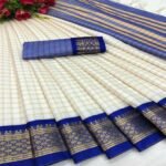 White & Royal Blue Checks With Woven Border Cotton Silk Saree
