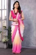 White & Pink Ombre Georgette Saree With Tassels - Image 2
