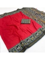 Elegant Red Mulmul Cotton Saree with Traditional Ikkat Print Border - Image 2