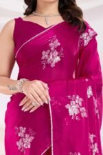 Rani Pink Soft Net Saree With Delicate Floral Embroidery & Shimmering Sequins Work - Image 7