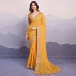 Yellow Bandhani Printed Georgette Saree With Embroidered Lace Border - Image 3