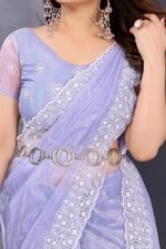 Lavender Net Saree with Solid Pattern and Embroidered Border for a Romantic and Light Occasion Look - Image 2