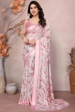 Peach Floral Printed Satin Saree - Image 4