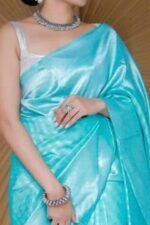 Blue Floral Woven Lichi Banarasi Silk Saree - Image 5