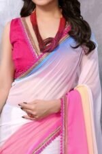 White & Pink Ombre Georgette Saree With Tassels - Image 3