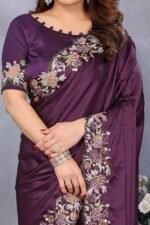 Deep Wine Satin Saree Featuring Floral Embroidery and Elegant Resham Thread Work - Image 2