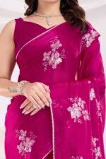 Rani Pink Soft Net Saree With Delicate Floral Embroidery & Shimmering Sequins Work - Image 2