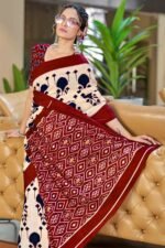 Cream & Maroon Abstract Printed Soft Pure Cotton Saree - Image 2