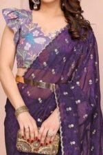 Rich Purple Silk Blend Saree with Intricate Floral Sequins Embroidery – A Glamorous Statement Piece - Image 2