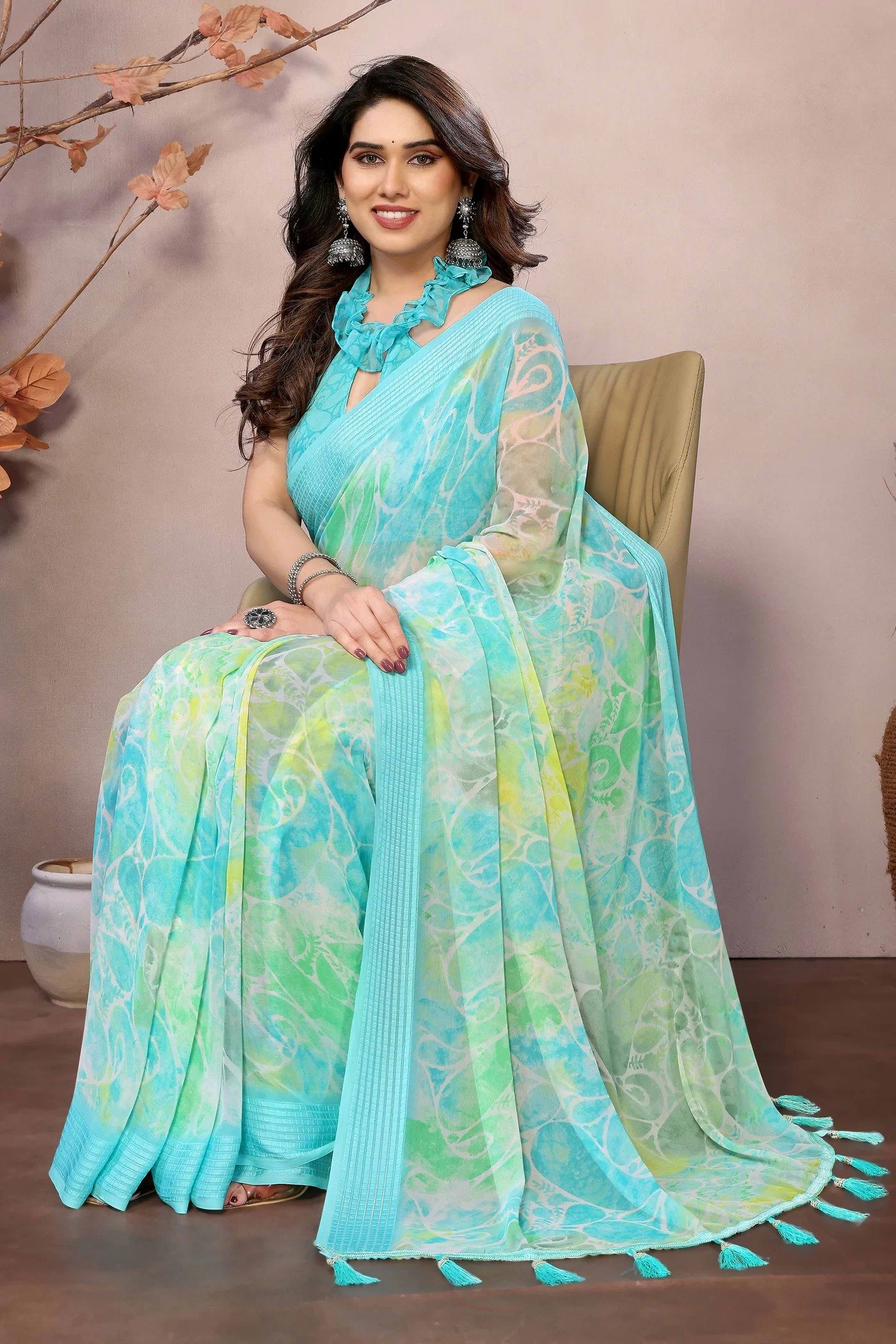 imgi_72_1_NTPR-AAYU-TURQUOIS-PEACHMODE Turquoise Printed Georgette Saree Saree With Tassel - Image 1
