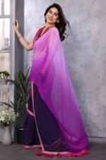 Lavender & Dark Purple Ombre Georgette Saree With Tassels - Image 3