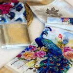 White & Blue Floral Printed Dola Silk Saree - Image 2