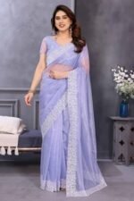 Lavender Net Saree with Solid Pattern and Embroidered Border for a Romantic and Light Occasion Look - Image 3