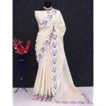 Cream Floral Embroidered Vichitra Silk Saree - Image 2