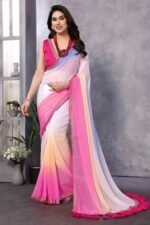 White & Pink Ombre Georgette Saree With Tassels - Image 4