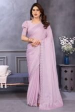 Lilac Purple Silk Blend Saree Adorned with Chemical Lace Edging and Dazzling Stone Accents - Image 2