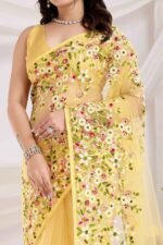 Yellow Floral Embroidered Net Saree - Image 2