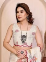 White Silk Blend Saree with Digital Print & Mirror Embellished Border - Image 2