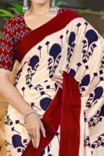 Cream & Maroon Abstract Printed Soft Pure Cotton Saree - Image 3