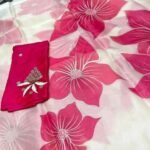 White & Pink Floral Foil Printed Organza Saree - Image 4