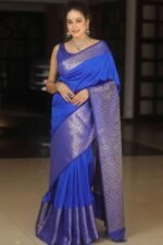 Blue Floral Woven Border Lichi Banarasi Silk Saree - Image 3