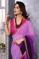 Lavender & Dark Purple Ombre Georgette Saree With Tassels - Image 7