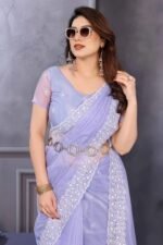 Lavender Net Saree with Solid Pattern and Embroidered Border for a Romantic and Light Occasion Look - Image 4