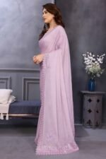 Lilac Purple Silk Blend Saree Adorned with Chemical Lace Edging and Dazzling Stone Accents - Image 3