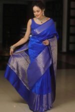 Blue Floral Woven Border Lichi Banarasi Silk Saree - Image 8