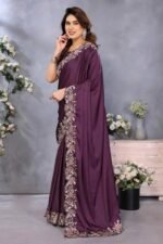 Deep Wine Satin Saree Featuring Floral Embroidery and Elegant Resham Thread Work - Image 3