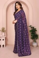 Rich Purple Silk Blend Saree with Intricate Floral Sequins Embroidery – A Glamorous Statement Piece - Image 3