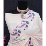 Cream Floral Embroidered Vichitra Silk Saree - Image 3